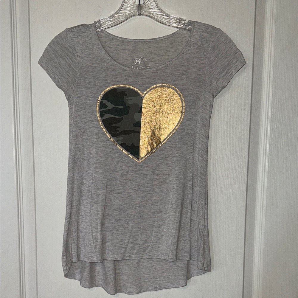 Justice Gray Tee with Gold and Camouflage Heart